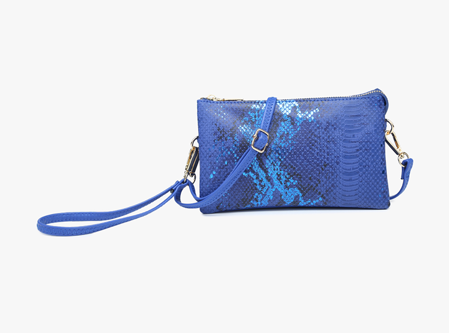 Jen & Co Riley Snake Three Compartment Crossbody Or Wristlet In Metallic Blue-Handbags, Wallets & Cases-Jen & Co.-Deja Nu Boutique, Women's Fashion Boutique in Lampasas, Texas