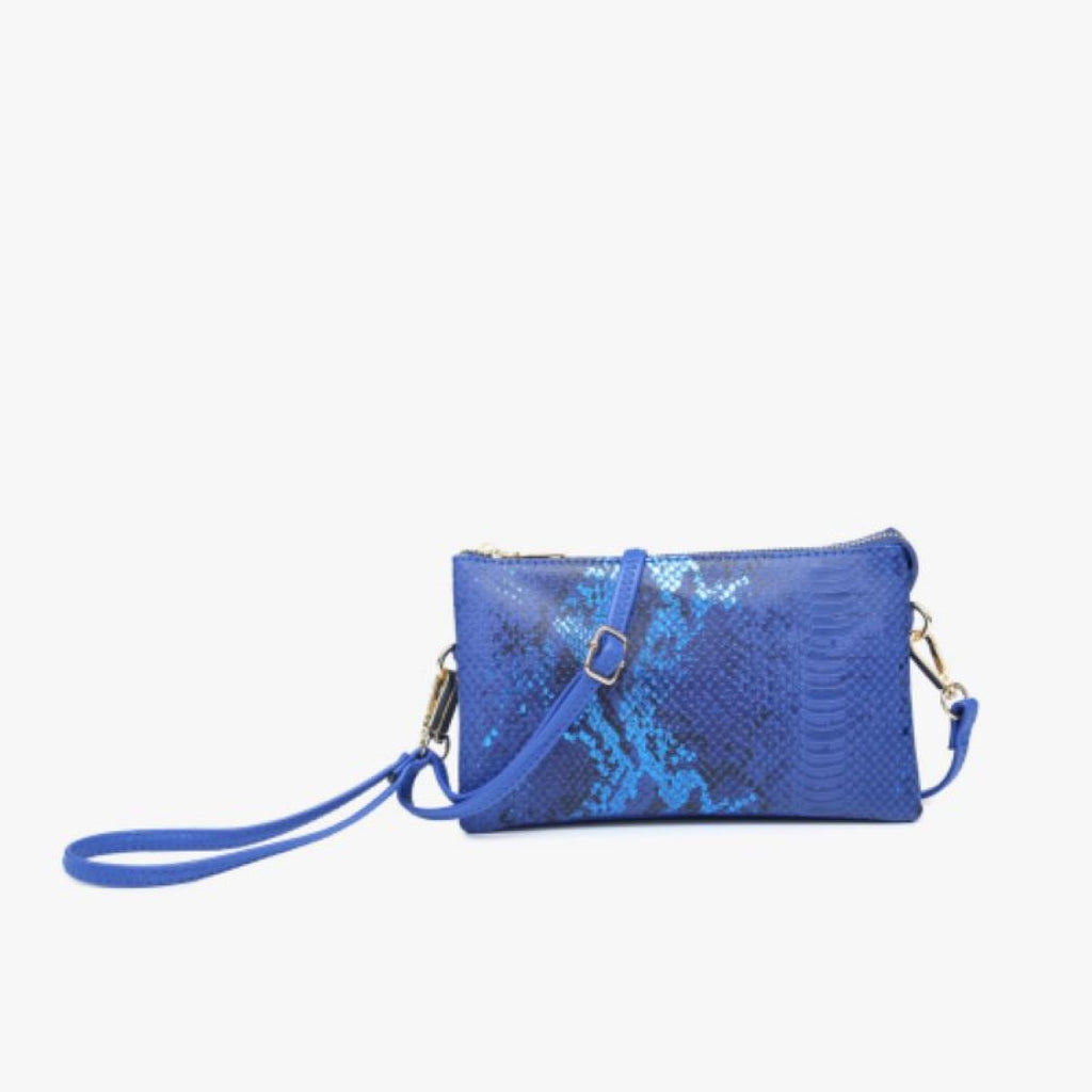Jen & Co Riley Snake Three Compartment Crossbody Or Wristlet In Metallic Blue-Handbags, Wallets & Cases-Jen & Co.-Deja Nu Boutique, Women's Fashion Boutique in Lampasas, Texas