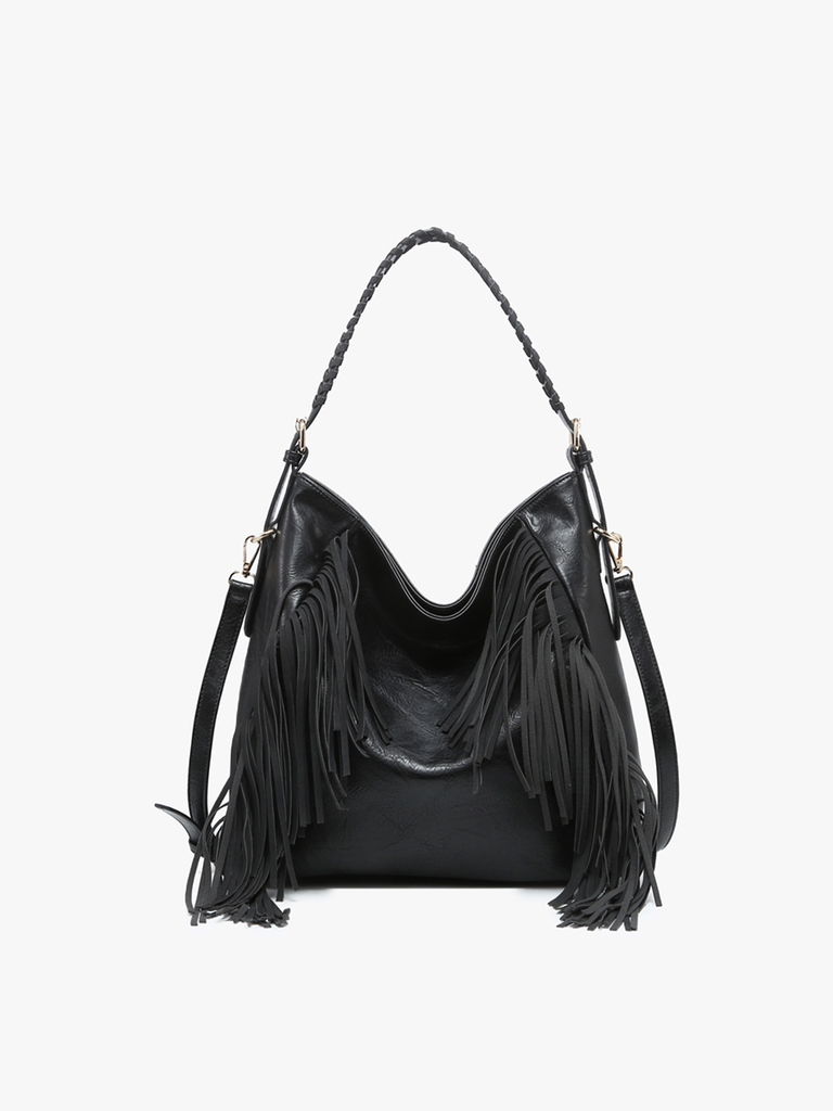 Jen & Co Sav Distressed Hobo With Fringe Detail In Black-Handbags, Wallets & Cases-Jen & Co.-Deja Nu Boutique, Women's Fashion Boutique in Lampasas, Texas