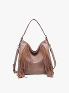 Jen & Co Sav Distressed Hobo With Fringe Detail In Mauve-Handbags, Wallets & Cases-Jen & Co.-Deja Nu Boutique, Women's Fashion Boutique in Lampasas, Texas