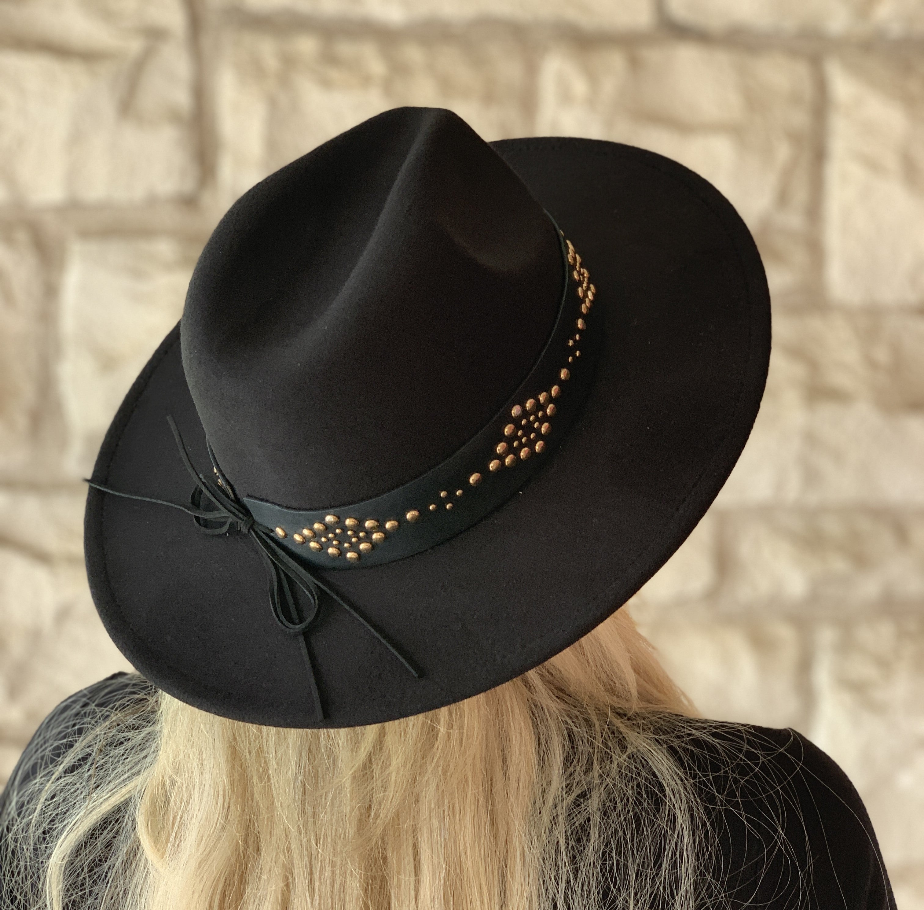 Jen & Co Glinda Grommet Trim Wide Brim Fedora Hat In Black-Hats-Jen & Co.-Deja Nu Boutique, Women's Fashion Boutique in Lampasas, Texas