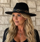 Jen & Co Glinda Grommet Trim Wide Brim Fedora Hat In Black-Hats-Jen & Co.-Deja Nu Boutique, Women's Fashion Boutique in Lampasas, Texas