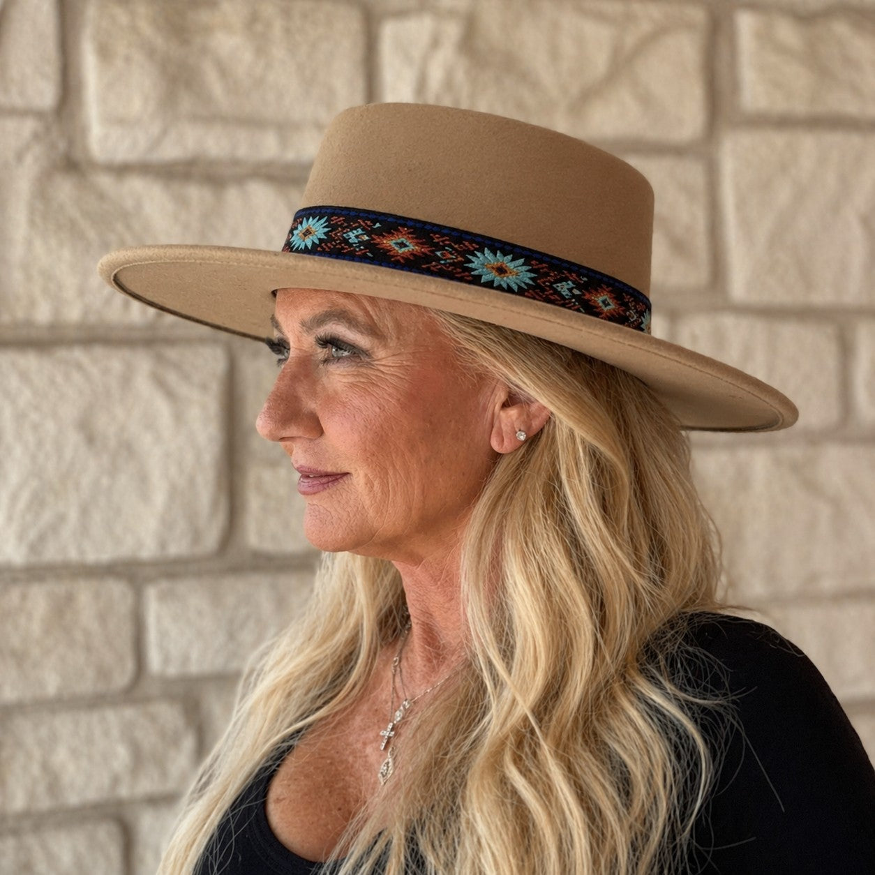 Jen & Co Mirta Aztec Trim Wide Brim Fedora Hat In Tan-Hats-Jen & Co.-Deja Nu Boutique, Women's Fashion Boutique in Lampasas, Texas