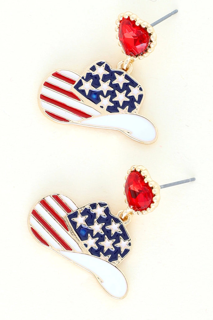 Jeweled Heart And Patriotic Cowboy Hat Dangle Earring-earr-Deja Nu Tx-Deja Nu Boutique, Women's Fashion Boutique in Lampasas, Texas