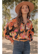 Jodifl Black Satin Vibrant Flower Print Button Front Shirt-shirts-Jodifl-Deja Nu Boutique, Women's Fashion Boutique in Lampasas, Texas