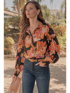 Jodifl Black Satin Vibrant Flower Print Button Front Shirt-shirts-Jodifl-Deja Nu Boutique, Women's Fashion Boutique in Lampasas, Texas