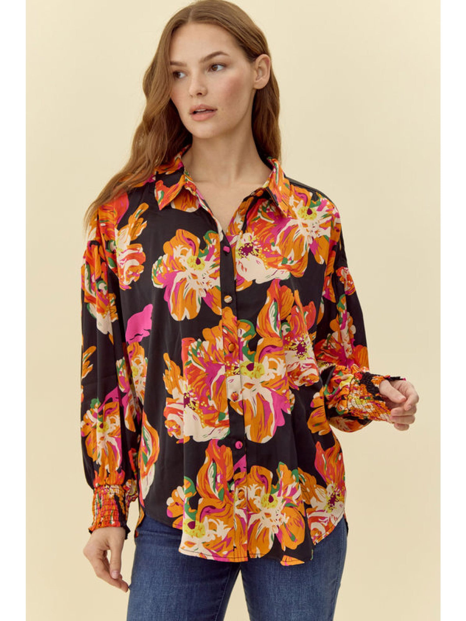 Jodifl Black Satin Vibrant Flower Print Button Front Shirt-shirts-Jodifl-Deja Nu Boutique, Women's Fashion Boutique in Lampasas, Texas