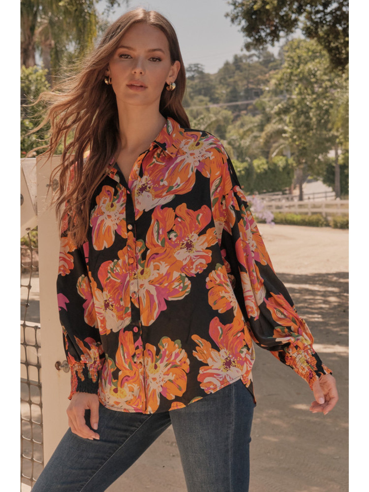 Jodifl Black Satin Vibrant Flower Print Button Front Shirt-shirts-Jodifl-Deja Nu Boutique, Women's Fashion Boutique in Lampasas, Texas