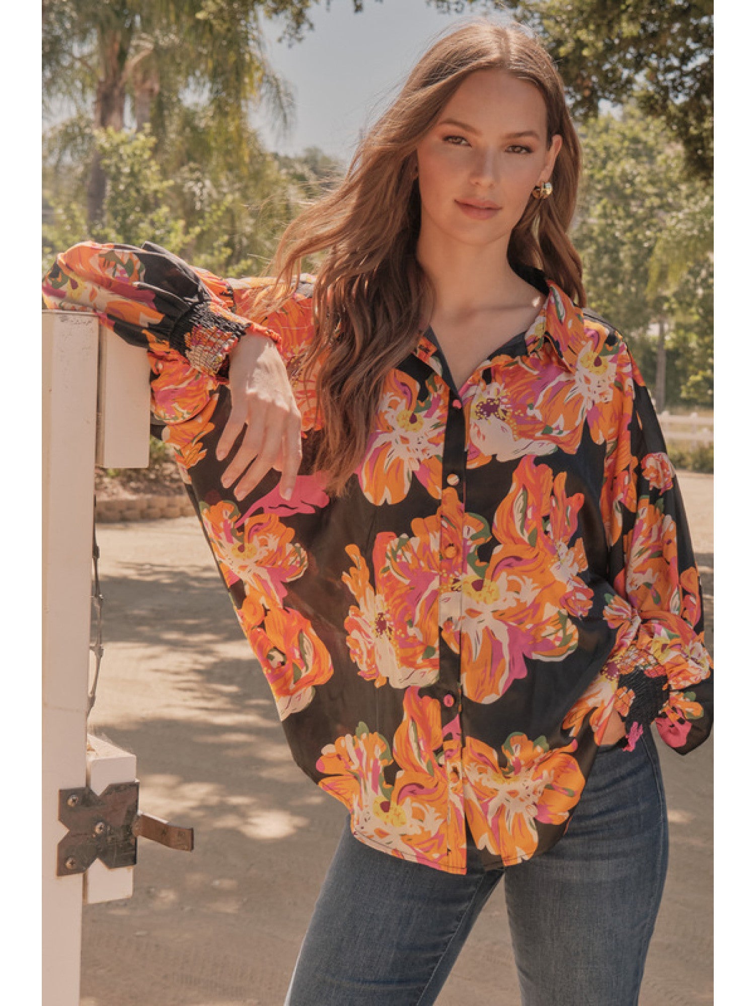 Jodifl Black Satin Vibrant Flower Print Button Front Shirt-shirts-Jodifl-Deja Nu Boutique, Women's Fashion Boutique in Lampasas, Texas