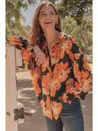 Jodifl Black Satin Vibrant Flower Print Button Front Shirt-shirts-Jodifl-Deja Nu Boutique, Women's Fashion Boutique in Lampasas, Texas