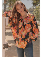 Jodifl Black Satin Vibrant Flower Print Button Front Shirt-shirts-Jodifl-Deja Nu Boutique, Women's Fashion Boutique in Lampasas, Texas