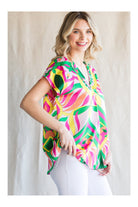 Jodifl Bright Pink Mix Print Top With A V-Neckline And Short Curved Sleeves-Tops-Jodifl-Deja Nu Boutique, Women's Fashion Boutique in Lampasas, Texas