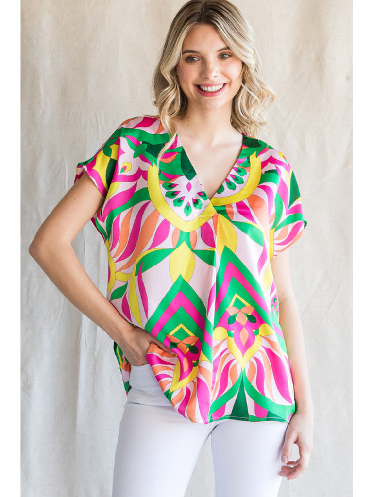 Jodifl Bright Pink Mix Print Top With A V-Neckline And Short Curved Sleeves-Tops-Jodifl-Deja Nu Boutique, Women's Fashion Boutique in Lampasas, Texas