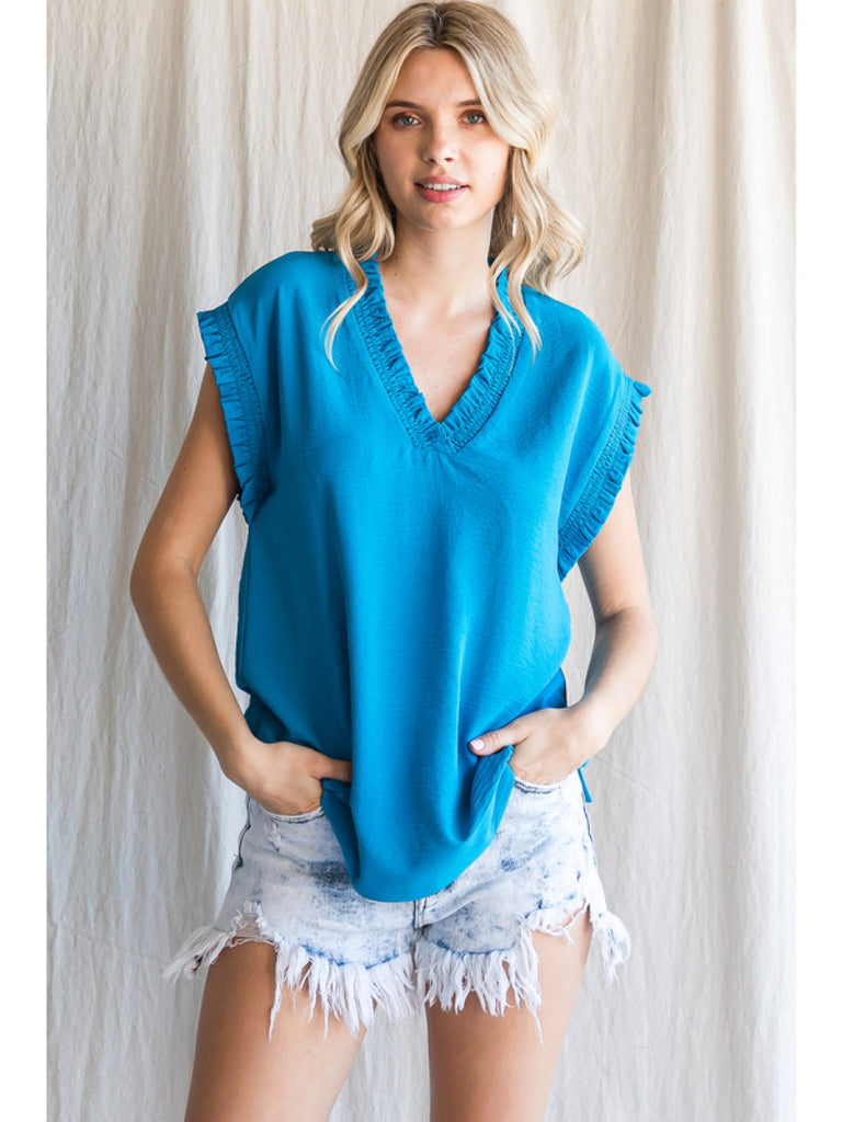 Jodifl Bright Turquoise V-Neck Top With Frilled Details-Short Sleeves-Jodifl-Deja Nu Boutique, Women's Fashion Boutique in Lampasas, Texas