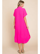 Jodifl Button Down Collard Shift Midi Dress In Hot Pink-Midi Dresses-Jodifl-Deja Nu Boutique, Women's Fashion Boutique in Lampasas, Texas