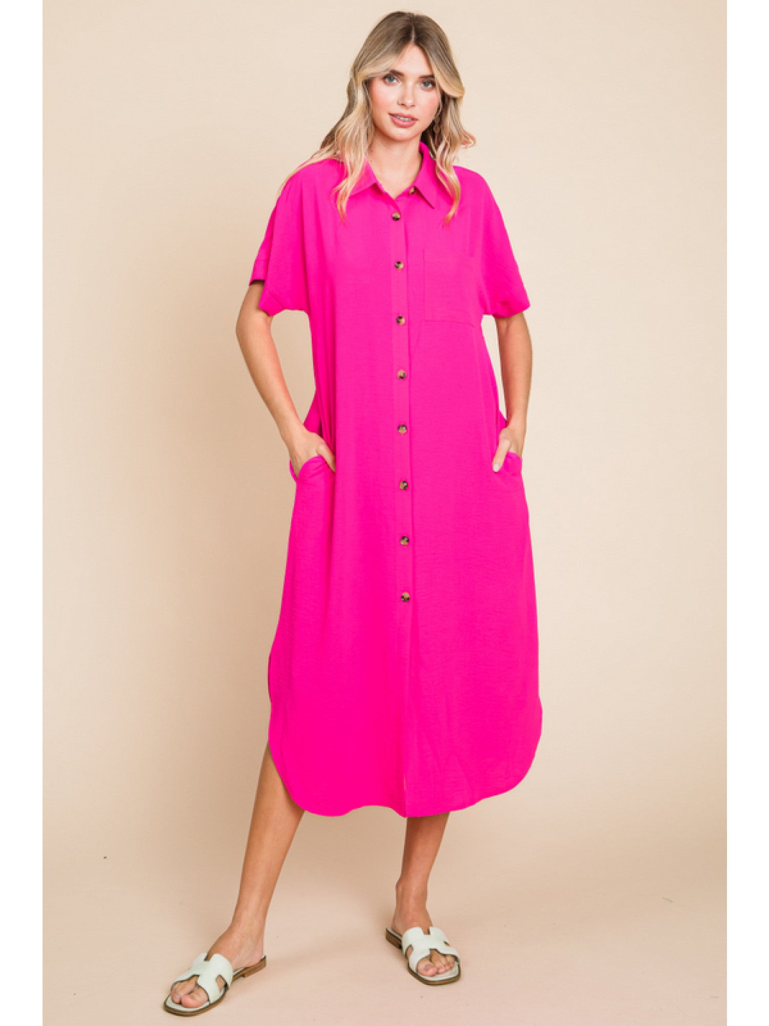 Jodifl Button Down Collard Shift Midi Dress In Hot Pink-Midi Dresses-Jodifl-Deja Nu Boutique, Women's Fashion Boutique in Lampasas, Texas