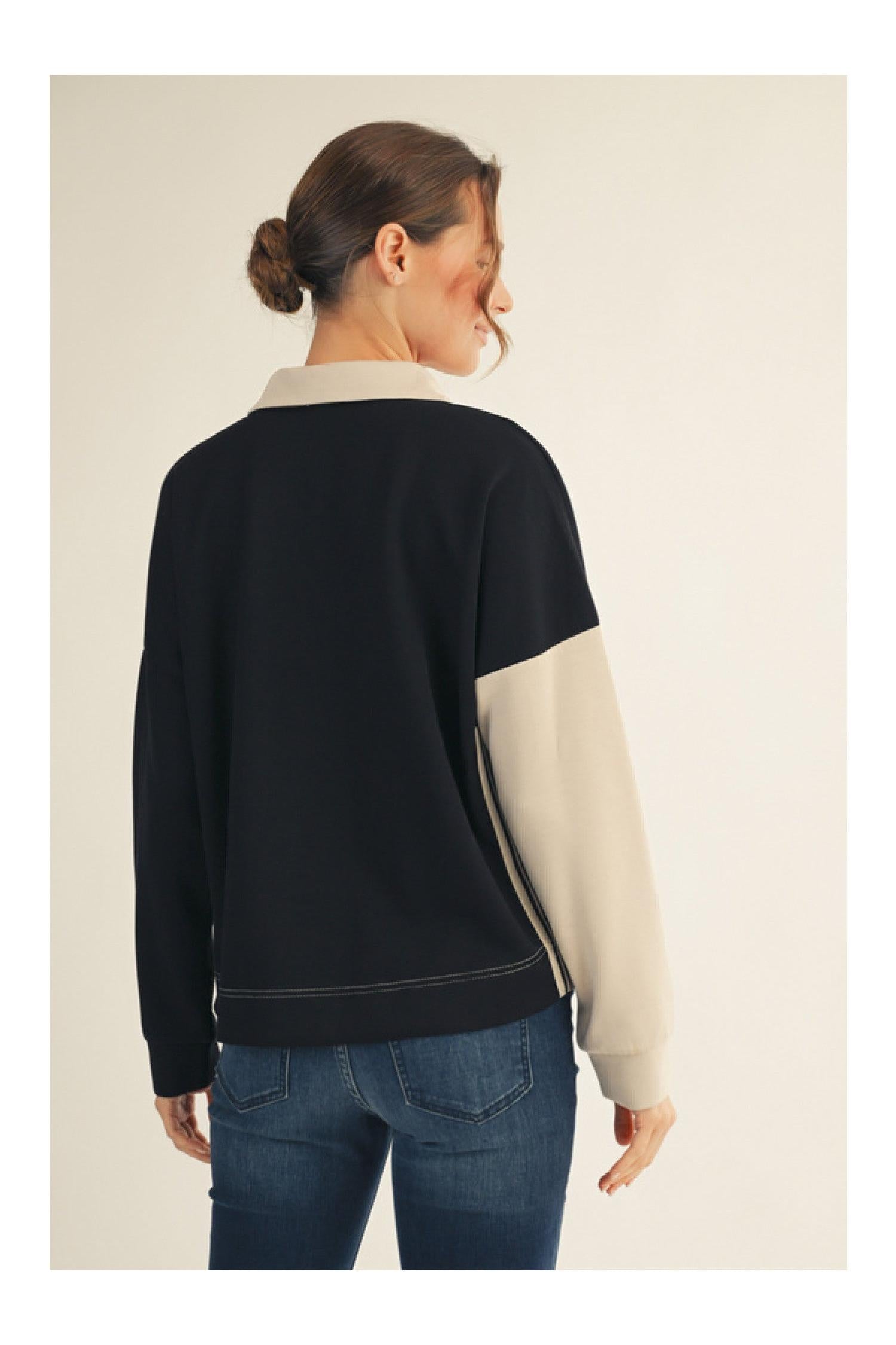 Jodifl Color Block Collared Top in Black Taupe-Tops-Jodifl-Deja Nu Boutique, Women's Fashion Boutique in Lampasas, Texas