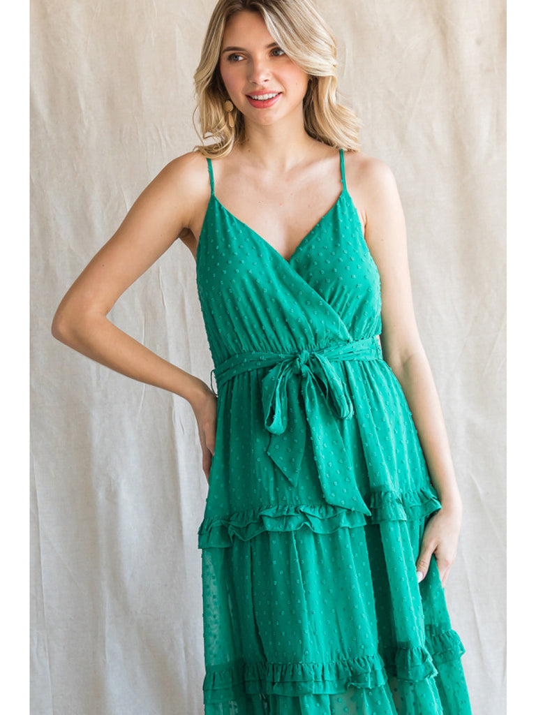 Jodifl Emerald Green Chiffon Swiss Dot Midi Dress With Surplice Neckline-Midi Dresses-Jodifl-Deja Nu Boutique, Women's Fashion Boutique in Lampasas, Texas