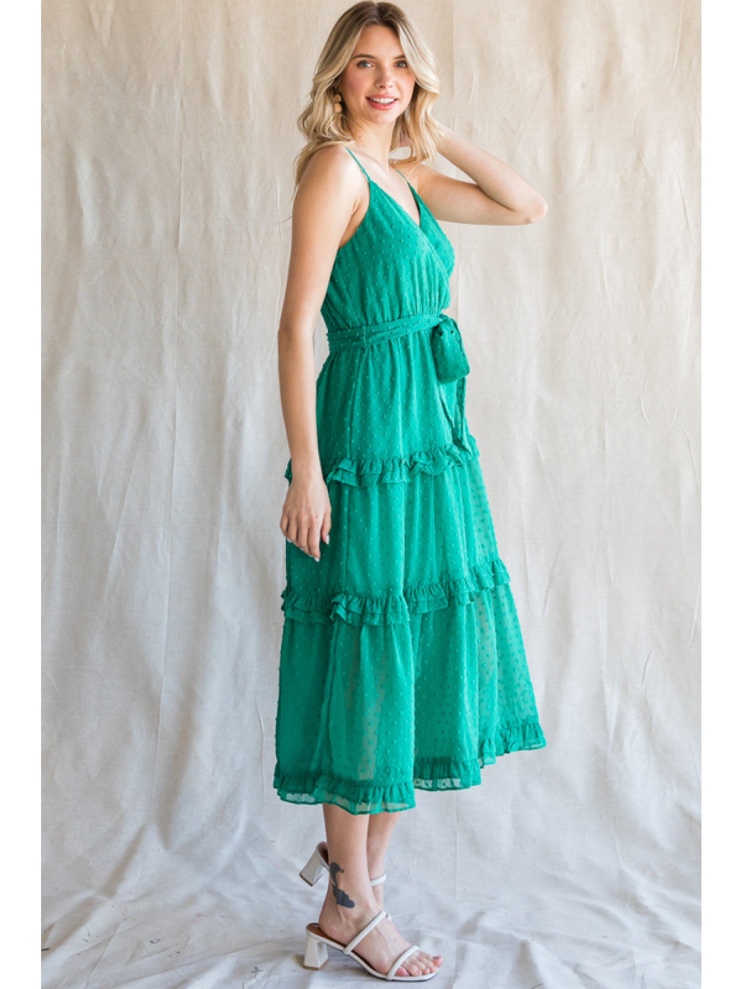 Jodifl Emerald Green Chiffon Swiss Dot Midi Dress With Surplice Neckline-Midi Dresses-Jodifl-Deja Nu Boutique, Women's Fashion Boutique in Lampasas, Texas