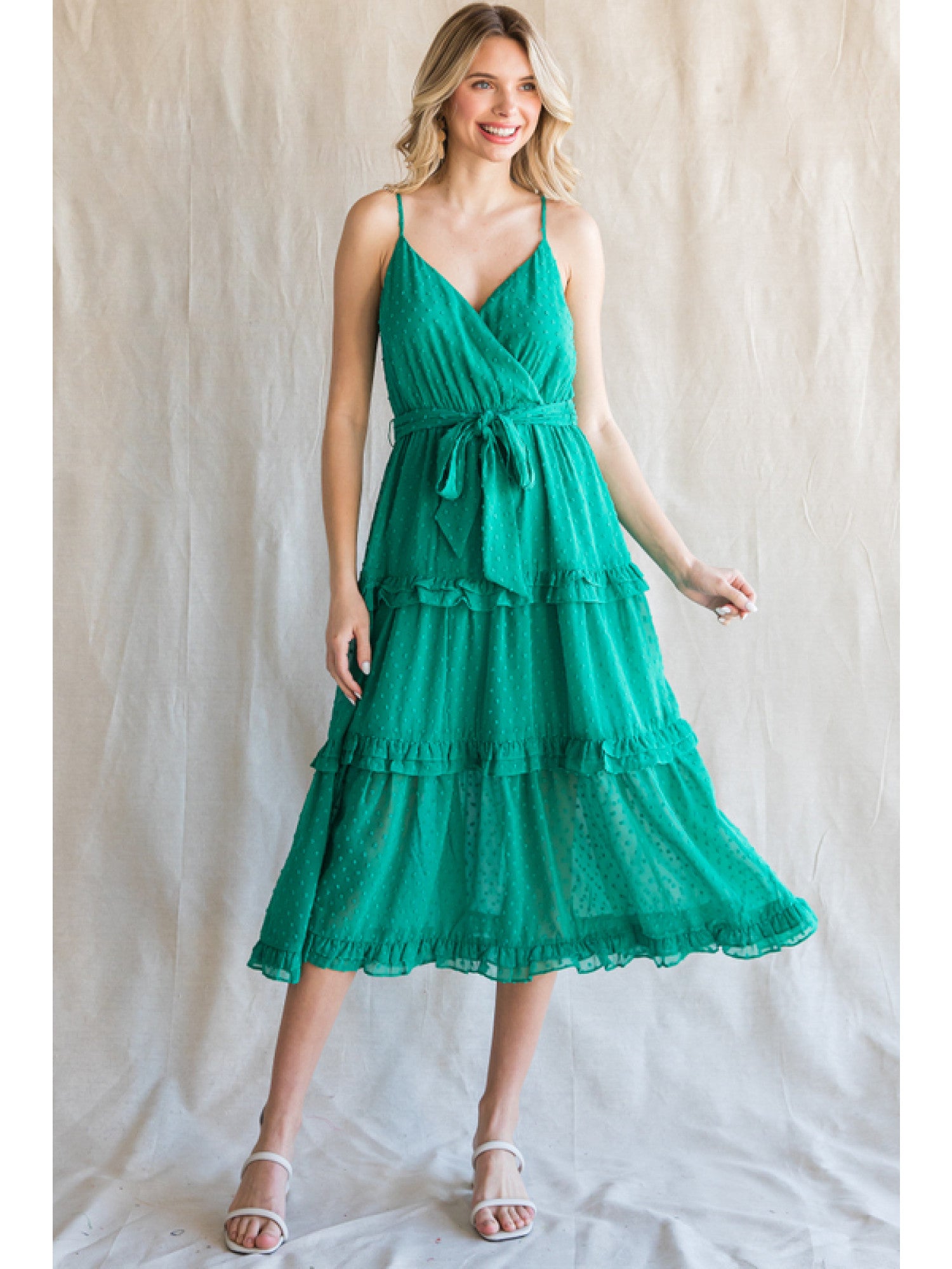 Jodifl Emerald Green Chiffon Swiss Dot Midi Dress With Surplice Neckli – Deja Nu Tx