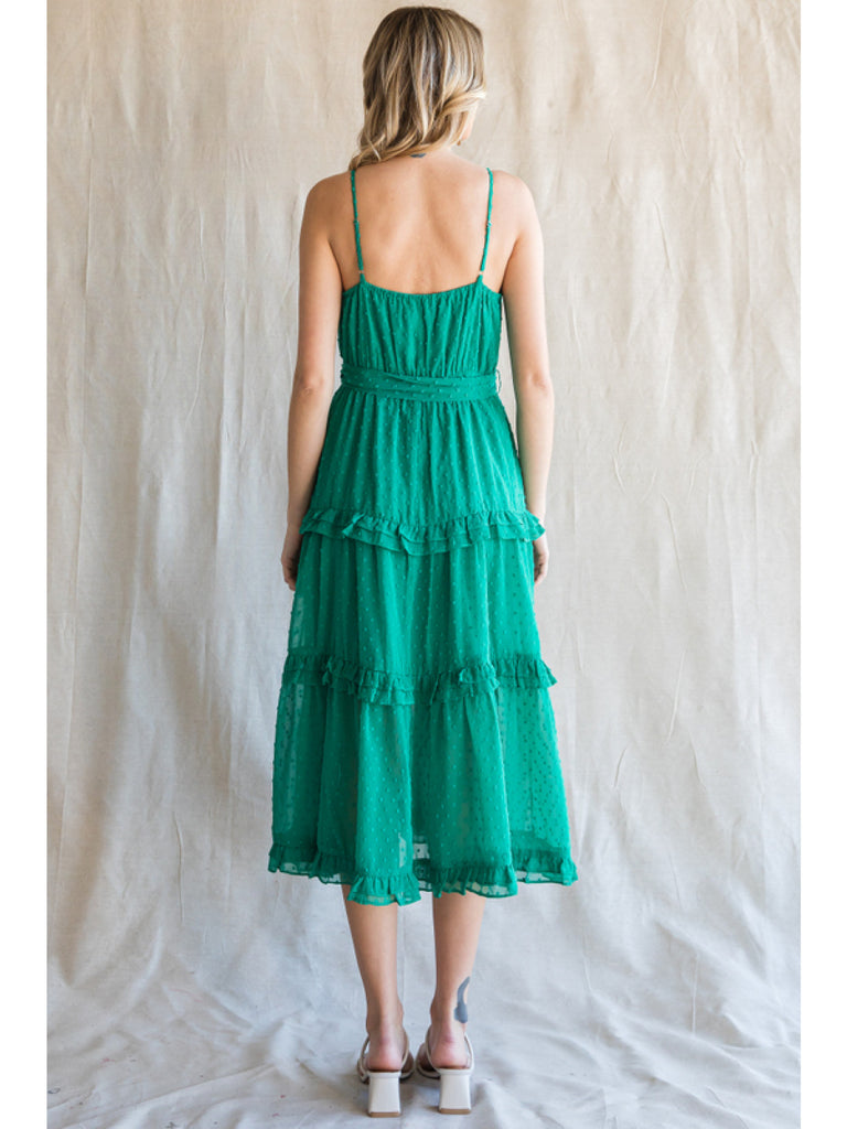 Jodifl Emerald Green Chiffon Swiss Dot Midi Dress With Surplice Neckline-Midi Dresses-Jodifl-Deja Nu Boutique, Women's Fashion Boutique in Lampasas, Texas