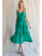 Jodifl Emerald Green Chiffon Swiss Dot Midi Dress With Surplice Neckline-Midi Dresses-Jodifl-Deja Nu Boutique, Women's Fashion Boutique in Lampasas, Texas