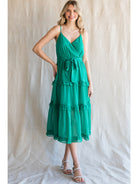 Jodifl Emerald Green Chiffon Swiss Dot Midi Dress With Surplice Neckline-Midi Dresses-Jodifl-Deja Nu Boutique, Women's Fashion Boutique in Lampasas, Texas