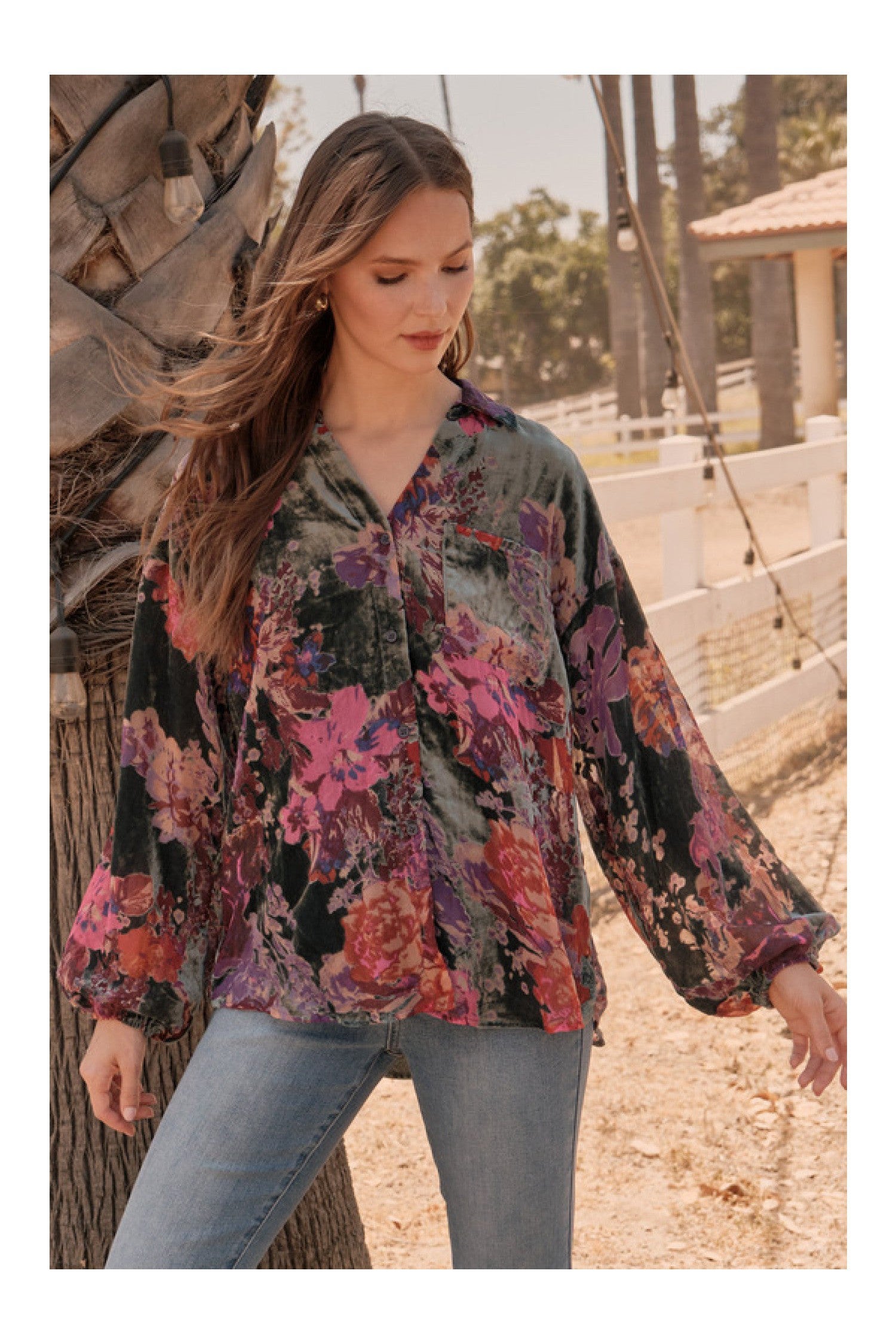 Jodifl Forest Green Velvet Floral Burn Out Print Shirt-Tops-Jodifl-Deja Nu Boutique, Women's Fashion Boutique in Lampasas, Texas