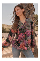 Jodifl Forest Green Velvet Floral Burn Out Print Shirt-Tops-Jodifl-Deja Nu Boutique, Women's Fashion Boutique in Lampasas, Texas