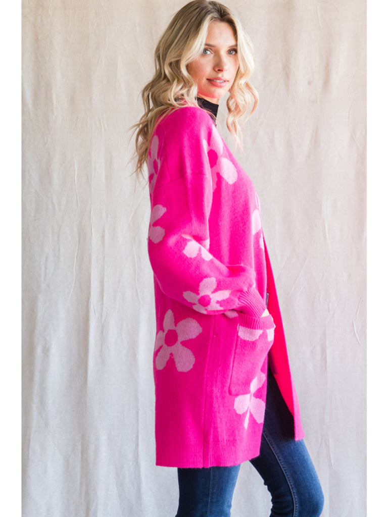 Jodifl Hot Pink/Candy Pink Flower Print Knit Cardigan With Pockets-Cardigans & Kimonos-Jodifl-Deja Nu Boutique, Women's Fashion Boutique in Lampasas, Texas