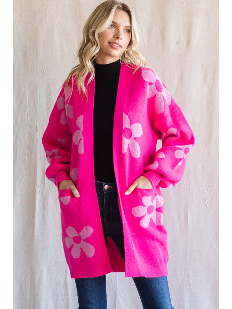 Jodifl Hot Pink/Candy Pink Flower Print Knit Cardigan With Pockets-Cardigans & Kimonos-Jodifl-Deja Nu Boutique, Women's Fashion Boutique in Lampasas, Texas