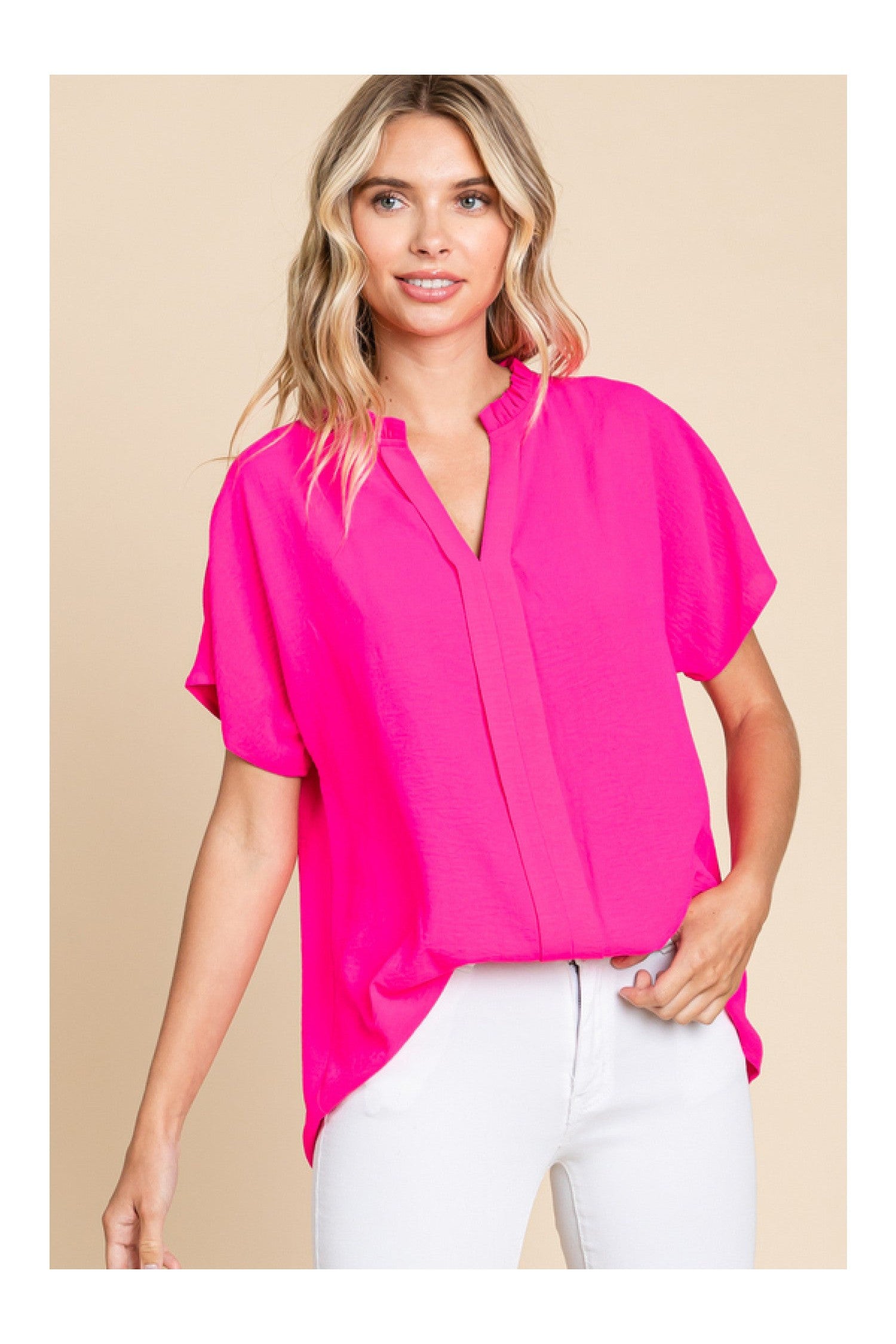 Jodifl Hot Pink Slit Neck Top With Front Point Detail And Short Dolman Banded Cuff Sleeves A Chic Fashionable Blouse-Tops-Jodifl-Deja Nu Boutique, Women's Fashion Boutique in Lampasas, Texas