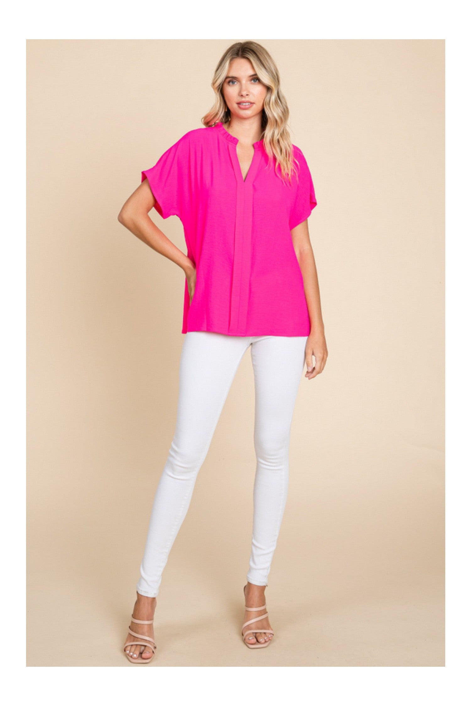 Jodifl Hot Pink Slit Neck Top With Front Point Detail And Short Dolman Banded Cuff Sleeves A Chic Fashionable Blouse-Tops-Jodifl-Deja Nu Boutique, Women's Fashion Boutique in Lampasas, Texas