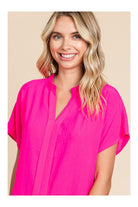 Jodifl Hot Pink Slit Neck Top With Front Point Detail And Short Dolman Banded Cuff Sleeves A Chic Fashionable Blouse-Tops-Jodifl-Deja Nu Boutique, Women's Fashion Boutique in Lampasas, Texas