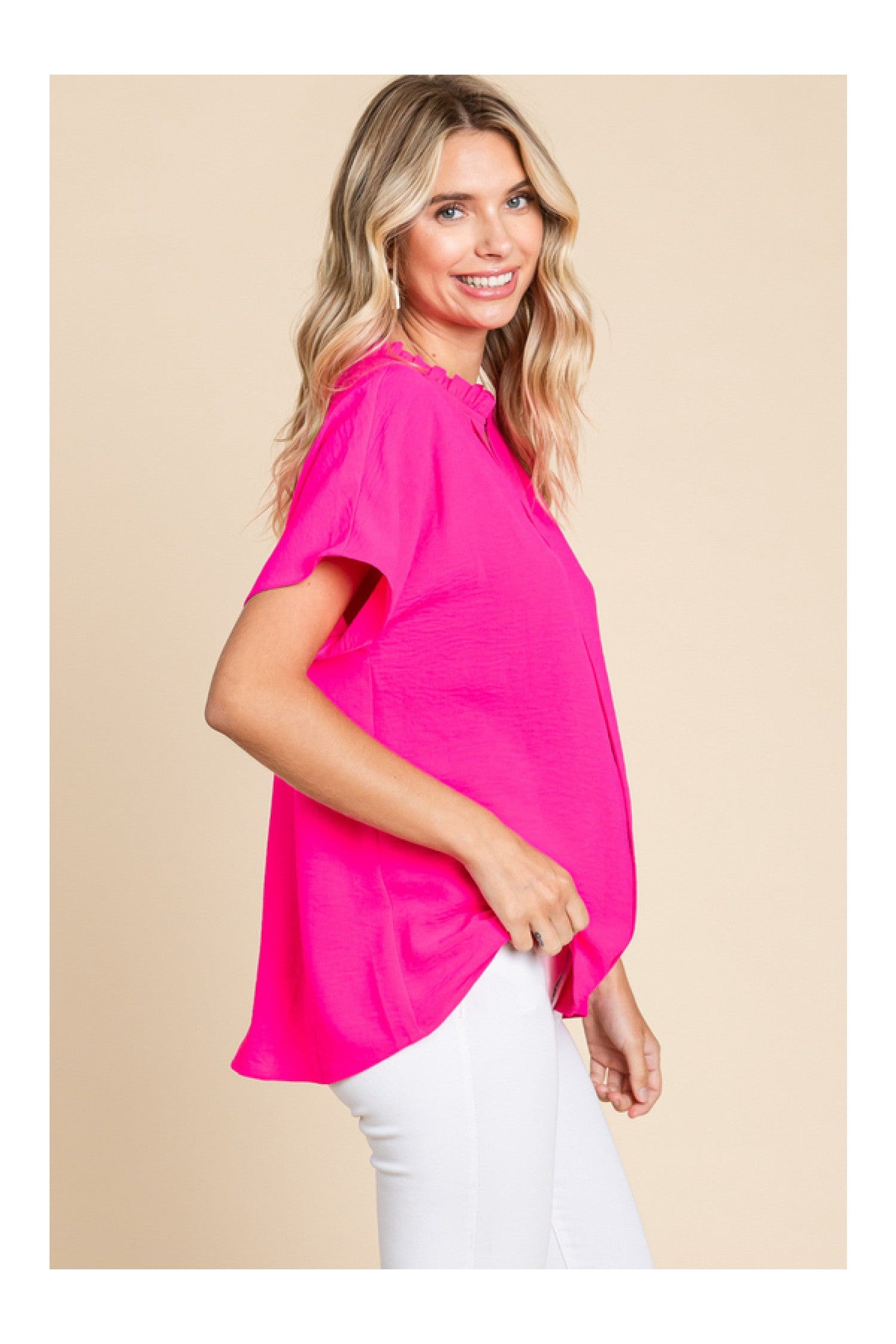 Jodifl Hot Pink Slit Neck Top With Front Point Detail And Short Dolman Banded Cuff Sleeves A Chic Fashionable Blouse-Tops-Jodifl-Deja Nu Boutique, Women's Fashion Boutique in Lampasas, Texas