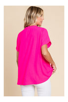 Jodifl Hot Pink Slit Neck Top With Front Point Detail And Short Dolman Banded Cuff Sleeves A Chic Fashionable Blouse-Tops-Jodifl-Deja Nu Boutique, Women's Fashion Boutique in Lampasas, Texas