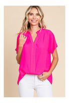 Jodifl Hot Pink Slit Neck Top With Front Point Detail And Short Dolman Banded Cuff Sleeves A Chic Fashionable Blouse-Tops-Jodifl-Deja Nu Boutique, Women's Fashion Boutique in Lampasas, Texas