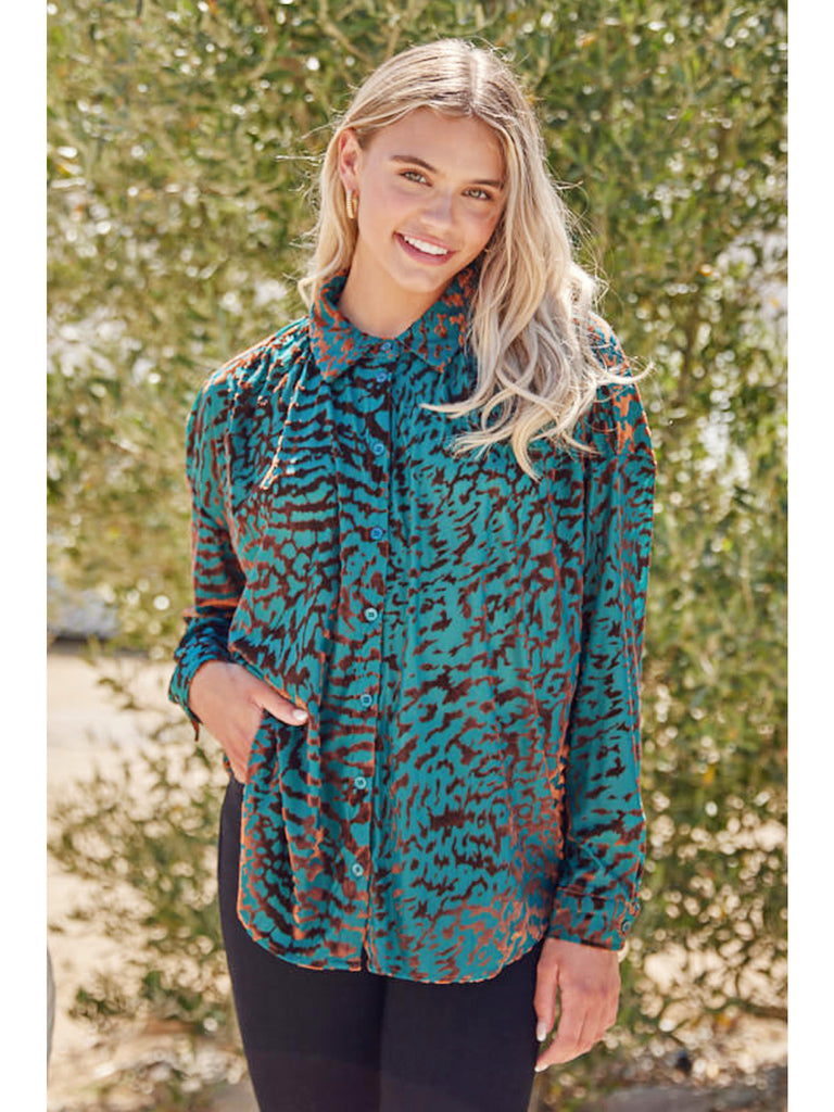 Jodifl Hunter Green Velvet Leopard Print Blouse-Tunics-Jodifl-Deja Nu Boutique, Women's Fashion Boutique in Lampasas, Texas