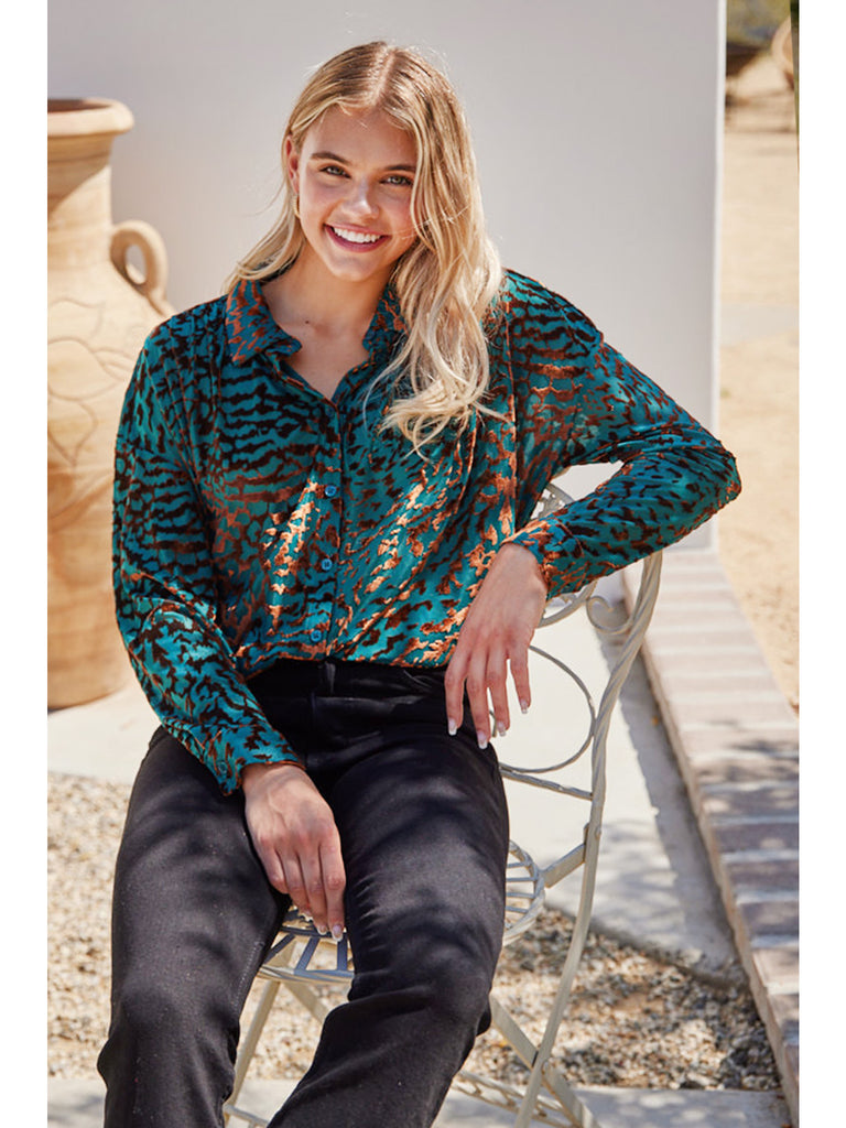 Jodifl Hunter Green Velvet Leopard Print Blouse-Tunics-Jodifl-Deja Nu Boutique, Women's Fashion Boutique in Lampasas, Texas