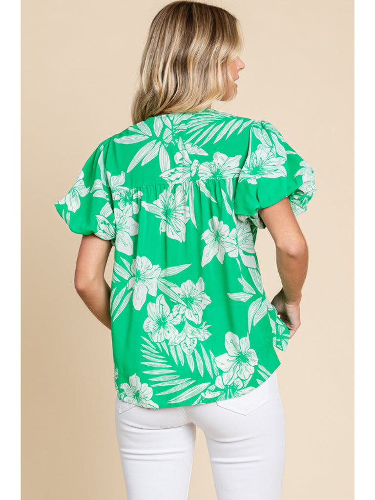 Jodifl Island Vibes Green And White Hawaiian Floral Shirt With Puff Sleeves-Tops-Jodifl-Deja Nu Boutique, Women's Fashion Boutique in Lampasas, Texas