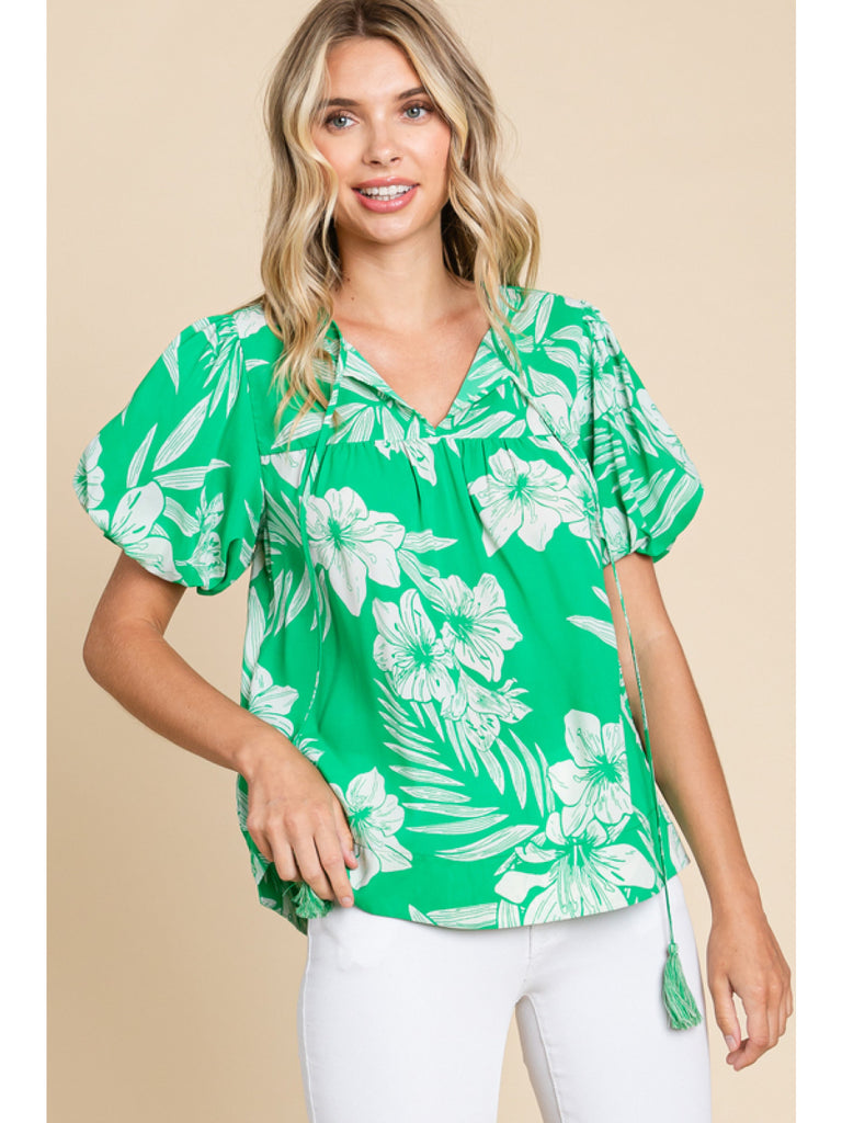 Jodifl Island Vibes Green And White Hawaiian Floral Shirt With Puff Sleeves-Tops-Jodifl-Deja Nu Boutique, Women's Fashion Boutique in Lampasas, Texas