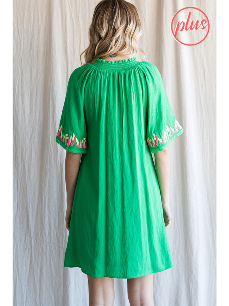 Jodifl Kelly Green Embroidered Short Dress With A Slit Smocked Neck And Short Bell Sleeves Plus-Curvy/Plus Dresses-Jodifl-Deja Nu Boutique, Women's Fashion Boutique in Lampasas, Texas