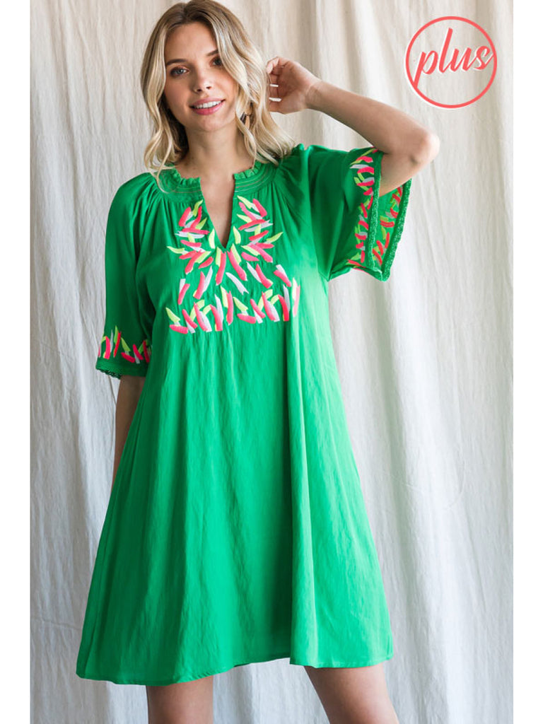 Jodifl Kelly Green Embroidered Short Dress With A Slit Smocked Neck And Short Bell Sleeves Plus-Curvy/Plus Dresses-Jodifl-Deja Nu Boutique, Women's Fashion Boutique in Lampasas, Texas