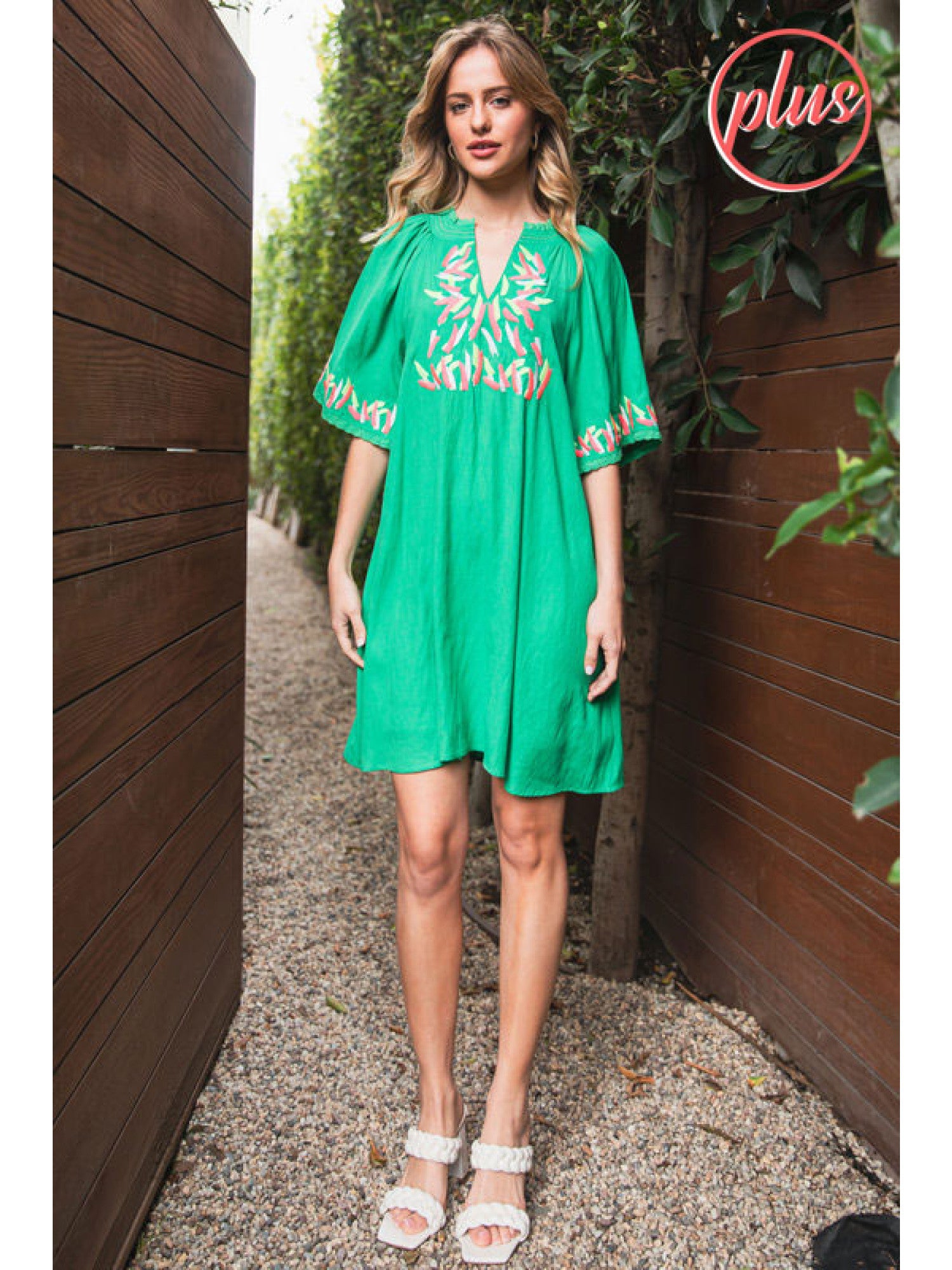 Jodifl Kelly Green Embroidered Short Dress With A Slit Smocked Neck And Short Bell Sleeves Plus-Curvy/Plus Dresses-Jodifl-Deja Nu Boutique, Women's Fashion Boutique in Lampasas, Texas