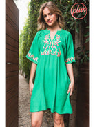 Jodifl Kelly Green Embroidered Short Dress With A Slit Smocked Neck And Short Bell Sleeves Plus-Curvy/Plus Dresses-Jodifl-Deja Nu Boutique, Women's Fashion Boutique in Lampasas, Texas