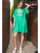 Jodifl Kelly Green Embroidered Short Dress With A Slit Smocked Neck And Short Bell Sleeves Plus-Curvy/Plus Dresses-Jodifl-Deja Nu Boutique, Women's Fashion Boutique in Lampasas, Texas