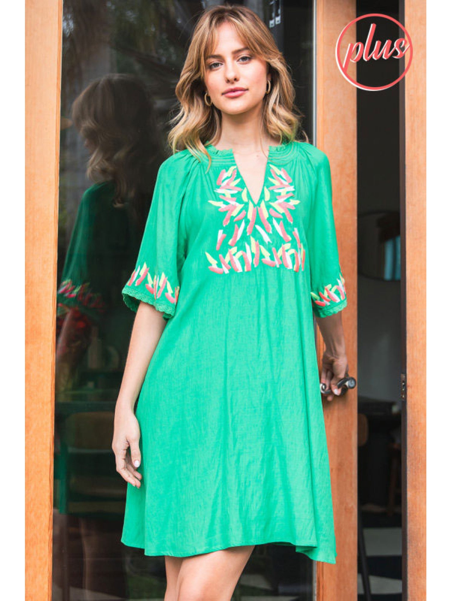 Jodifl Kelly Green Embroidered Short Dress With A Slit Smocked Neck And Short Bell Sleeves Plus - 1X Jodifl Kelly Green Embroidered Short Dress With A Slit Smocked Neck And Short Bell Sleeves Plus - 1X