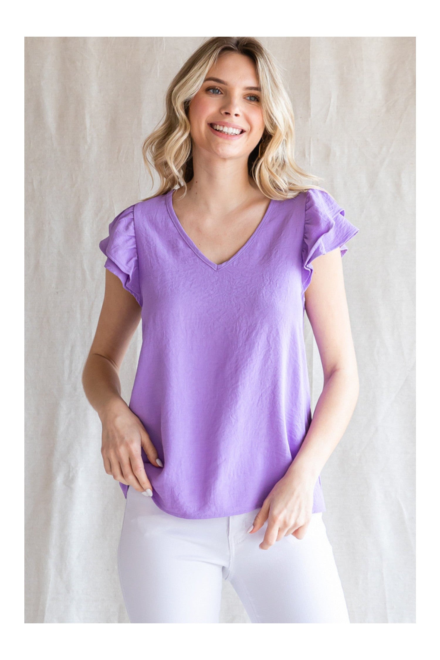 Jodifl Lilac Top With A V-Neckline And Ruffle Cap Sleeves-Short Sleeves-Jodifl-Deja Nu Boutique, Women's Fashion Boutique in Lampasas, Texas