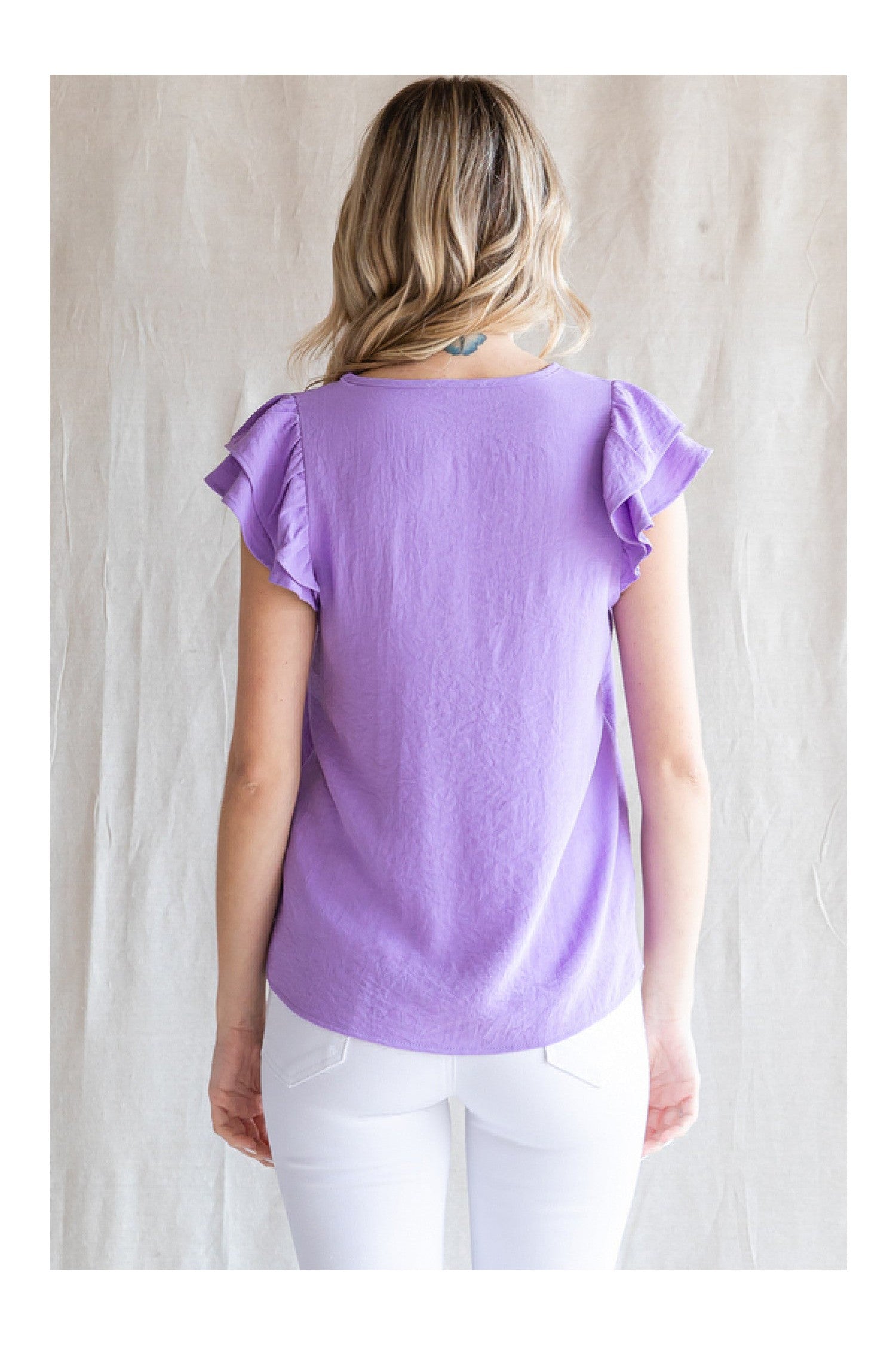 Jodifl Lilac Top With A V-Neckline And Ruffle Cap Sleeves-Short Sleeves-Jodifl-Deja Nu Boutique, Women's Fashion Boutique in Lampasas, Texas