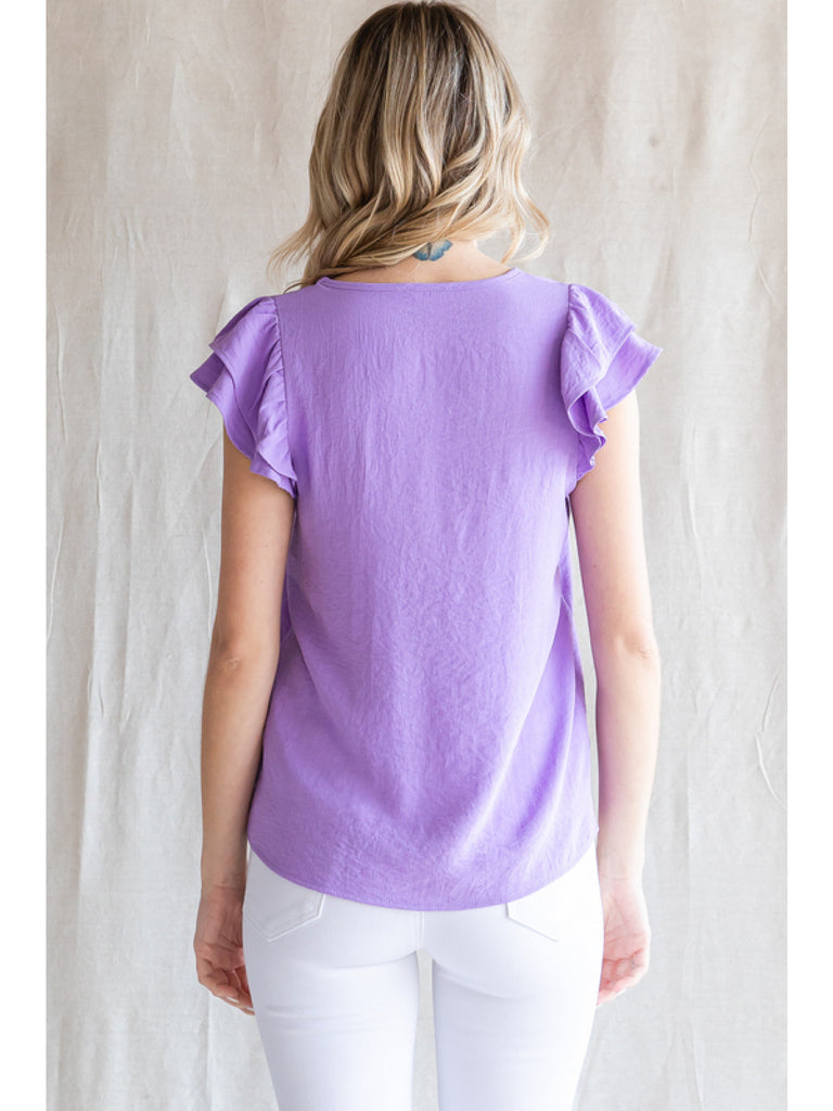 Jodifl Lilac Top With A V-Neckline And Ruffle Cap Sleeves-Short Sleeves-Jodifl-Deja Nu Boutique, Women's Fashion Boutique in Lampasas, Texas